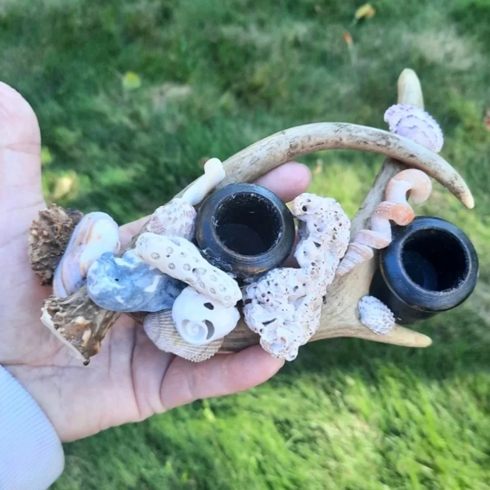 Lot 2 Shell & Antler Candle Holders Handcrafted